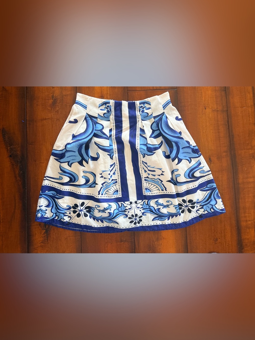 Sunday Blue and White Floral Scroll A-Line Skirt